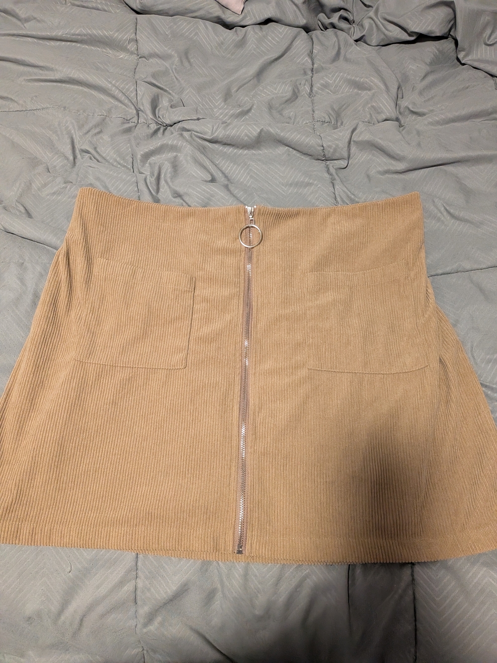 Corduroy Zip-Front Mini Skirt in Camel 2 Front Pockets